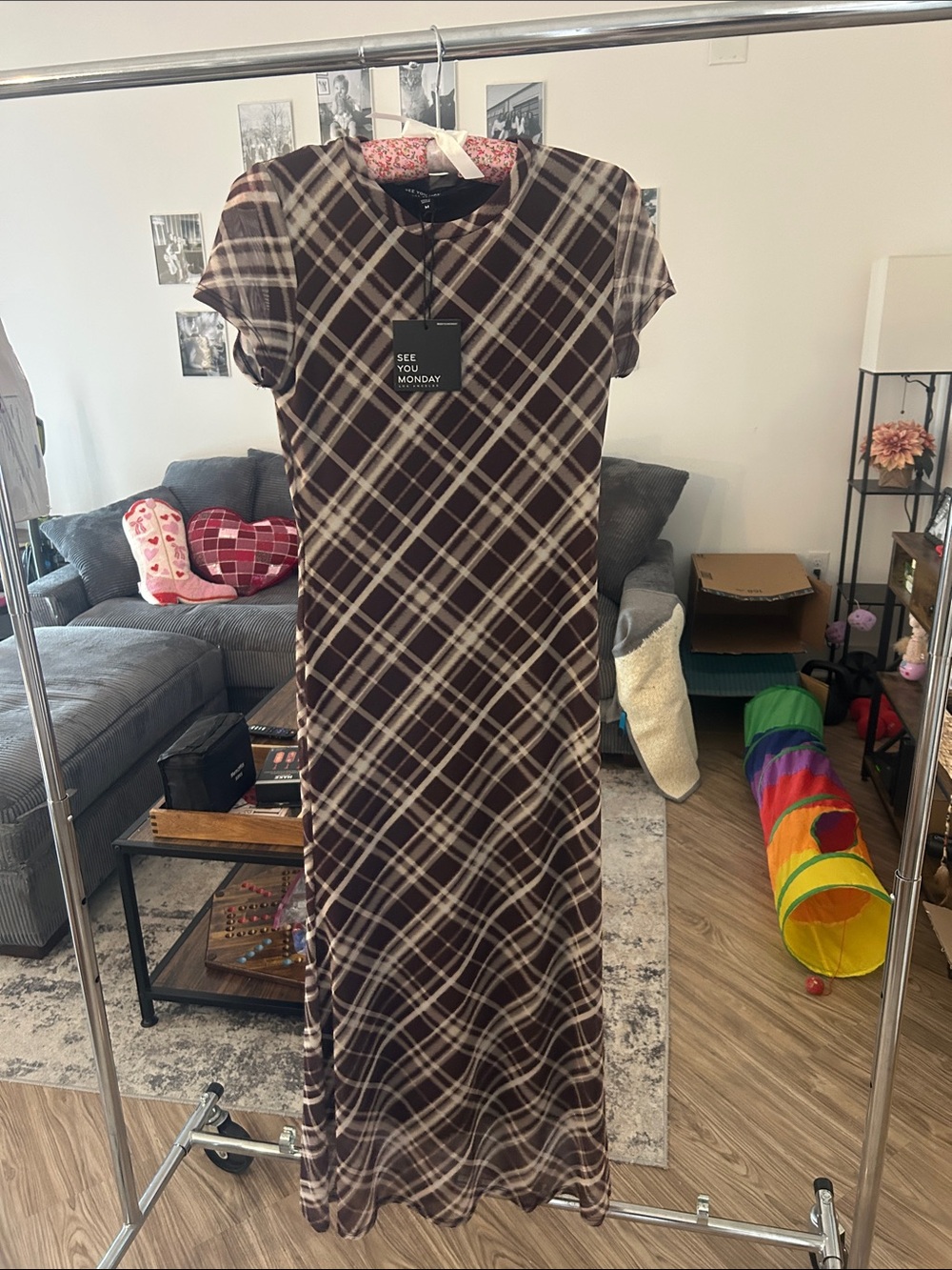 See You Monday Brown Plaid Short Sleeve Maxi Dress